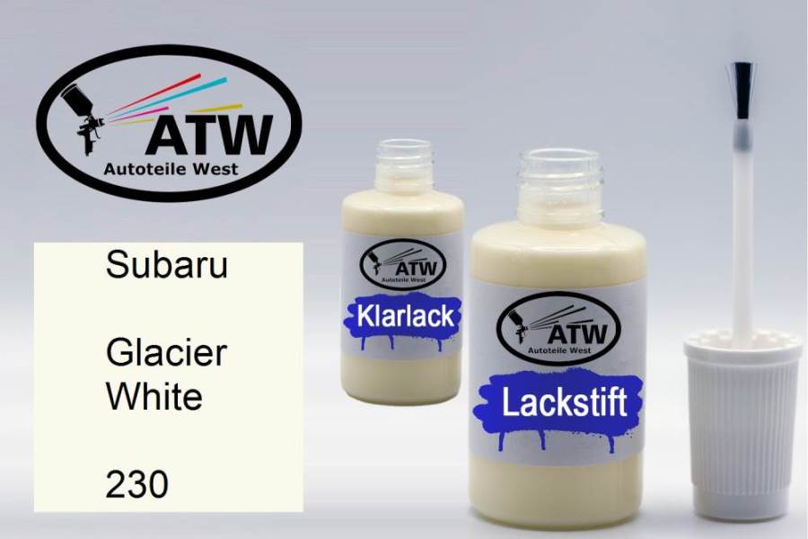 Subaru, Glacier White, 230: 20ml Lackstift + 20ml Klarlack - Set, von ATW Autoteile West.